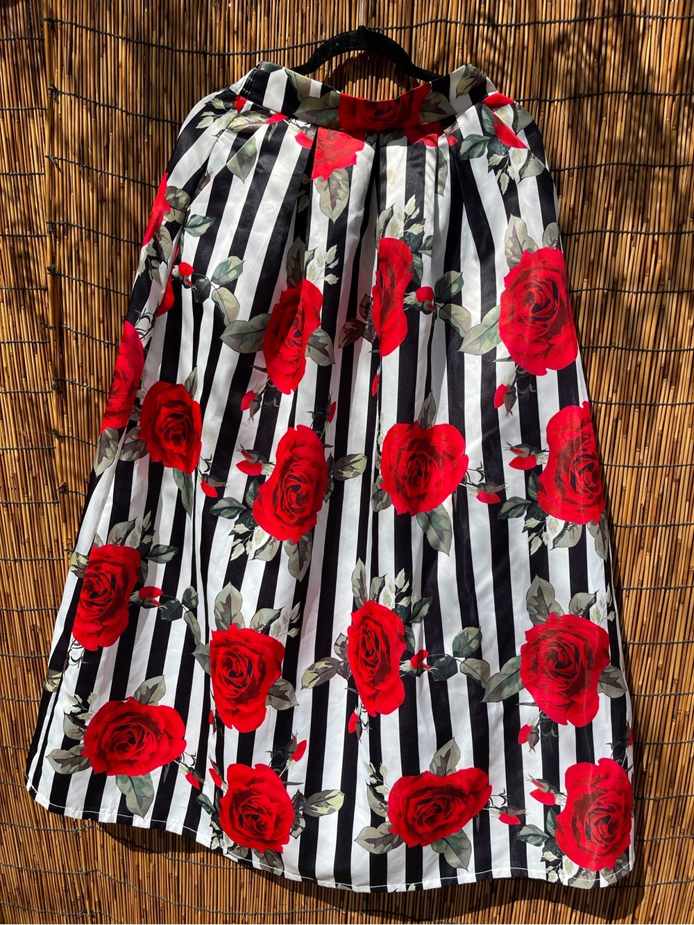 Women’s Black & White Stripe Midi Skirt with Red Rose Print